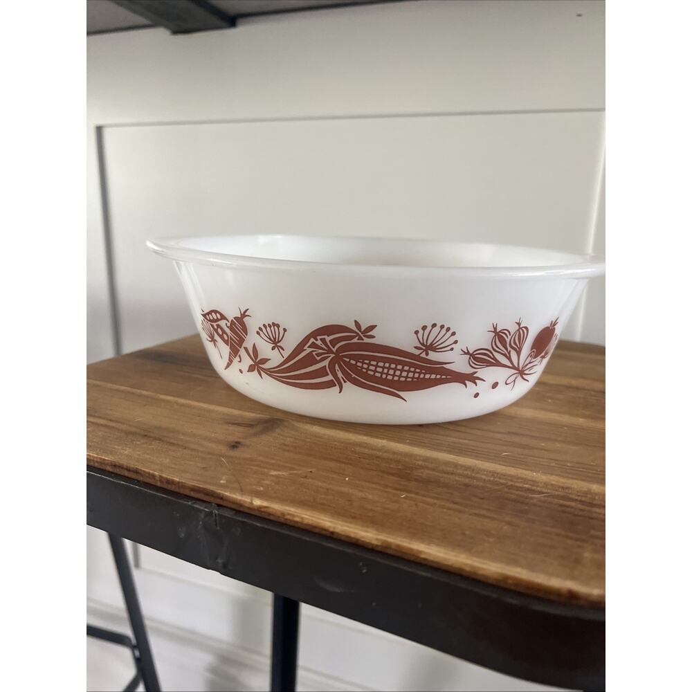 Vintage Glasbake Oval 2 Qt Casserole Dish Bowl White Brown Flowers USA J514